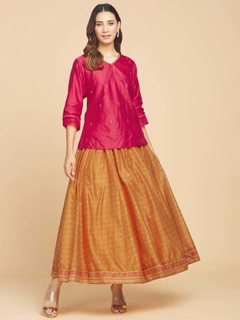 fabindia pink & mustard cotton embroidered kurti skirt set