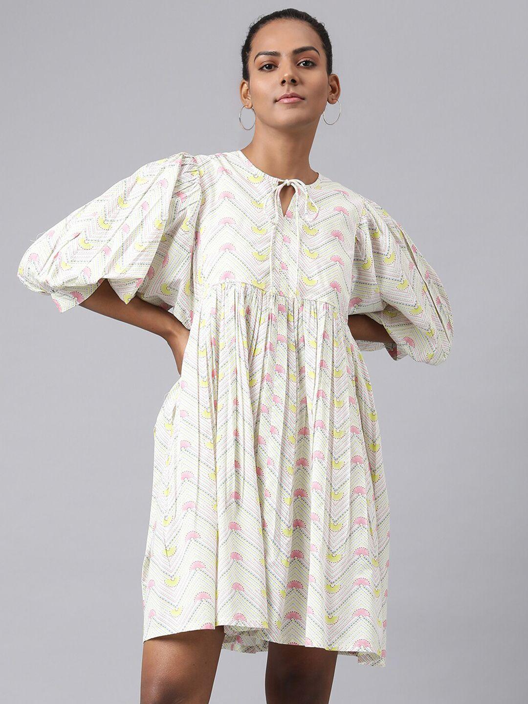 fabindia pink & white ethnic motifs tie-up neck a-line dress