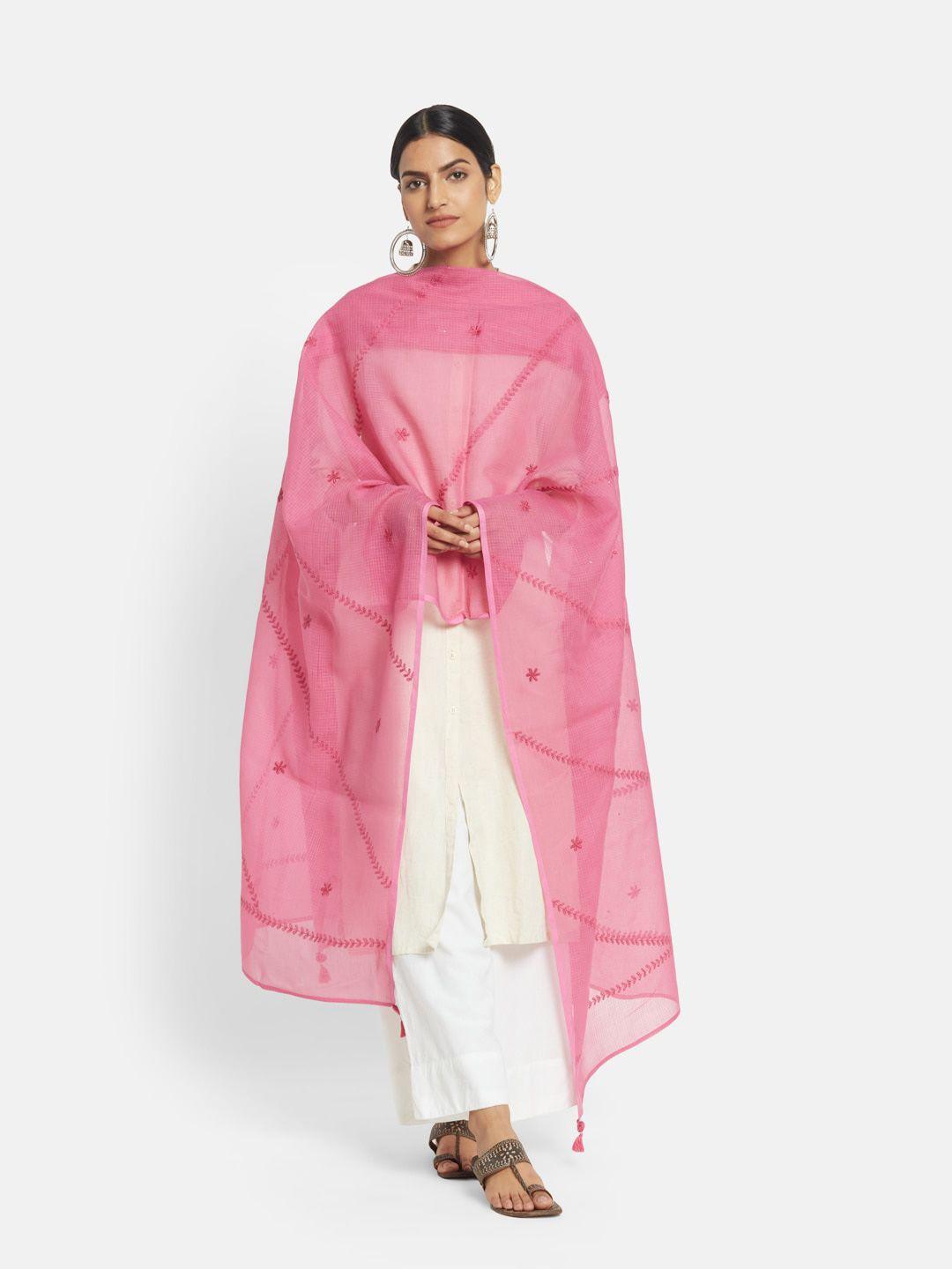 fabindia pink chikankari embroidered cotton silk dupatta