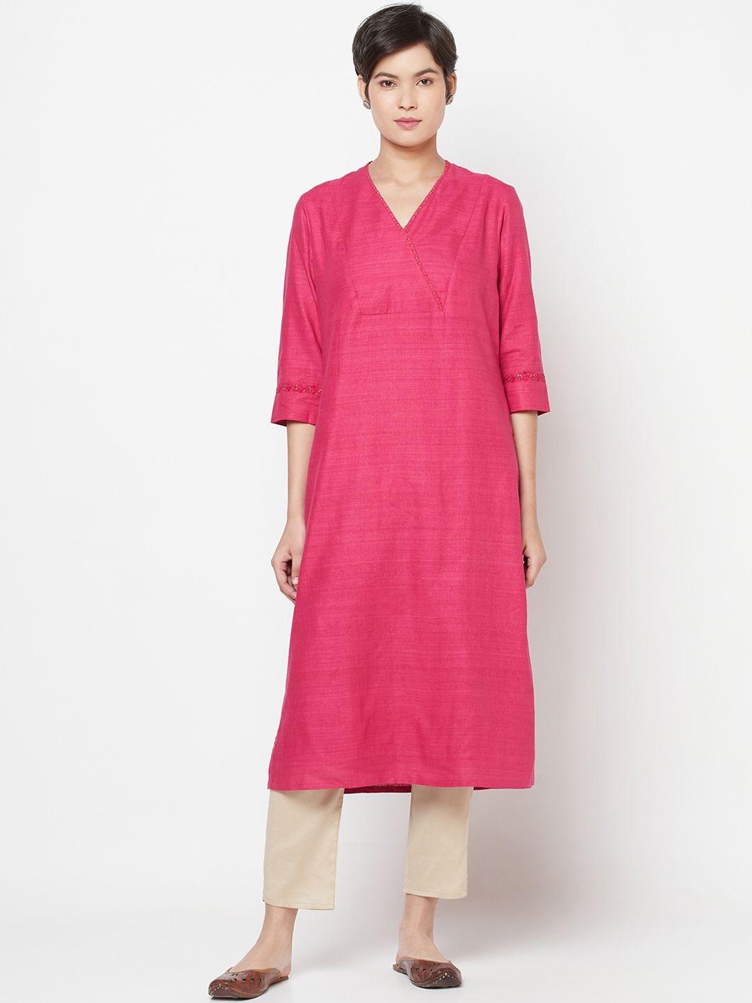 fabindia pink embroidered straight kurta