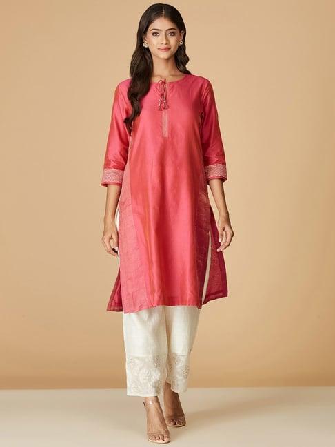 fabindia pink embroidered straight kurta