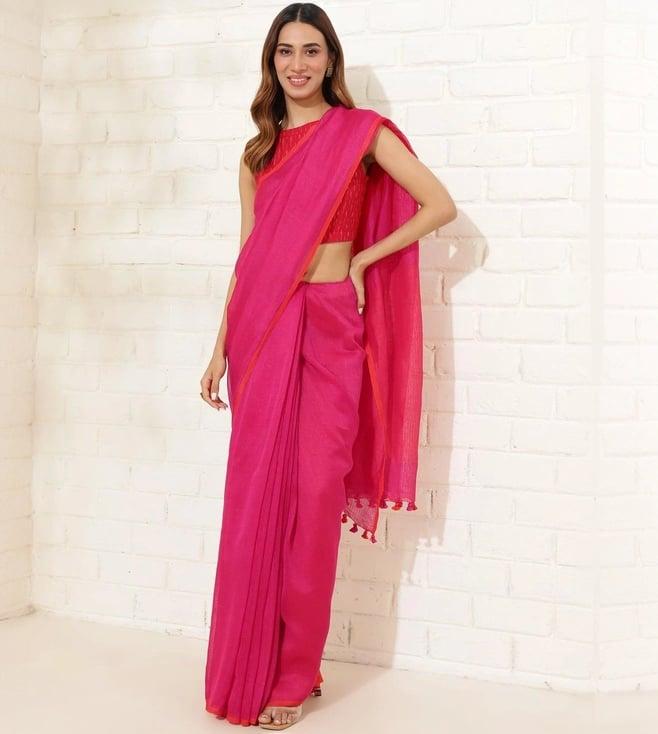 fabindia pink linen blend woven sari