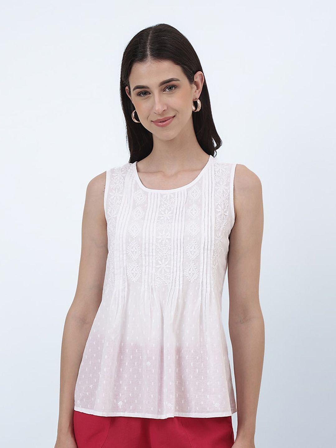 fabindia pintucked chikankari sleeveless cotton top