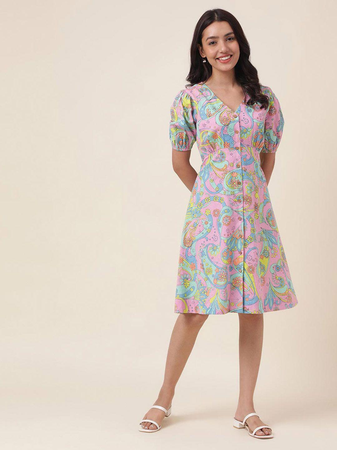 fabindia pleated ethnic printed puff sleeve v-neck fit & flare dress