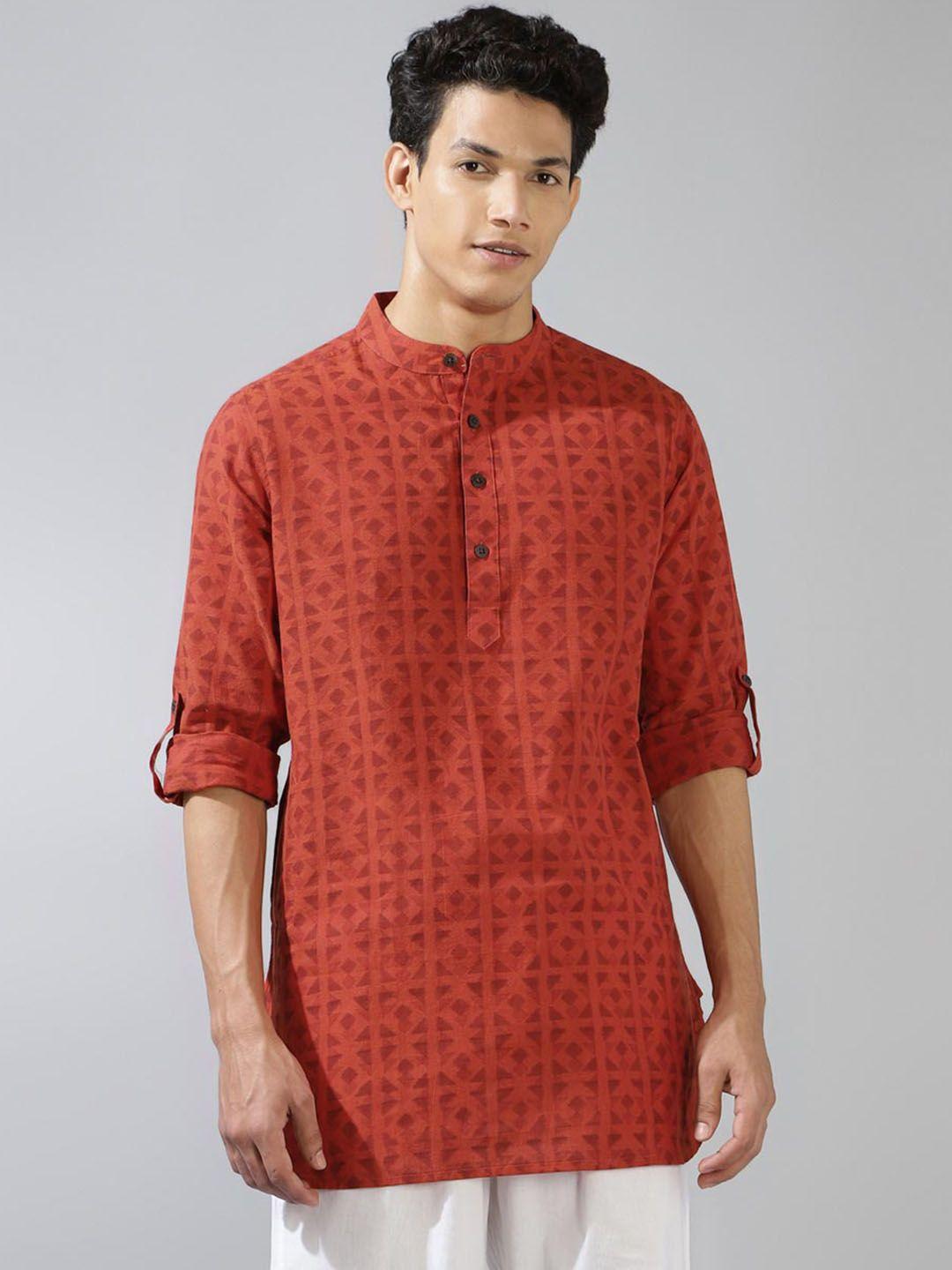 fabindia printed band collar cotton short kurta