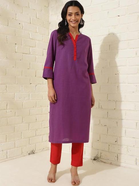 fabindia purple & red cotton kurta pant set