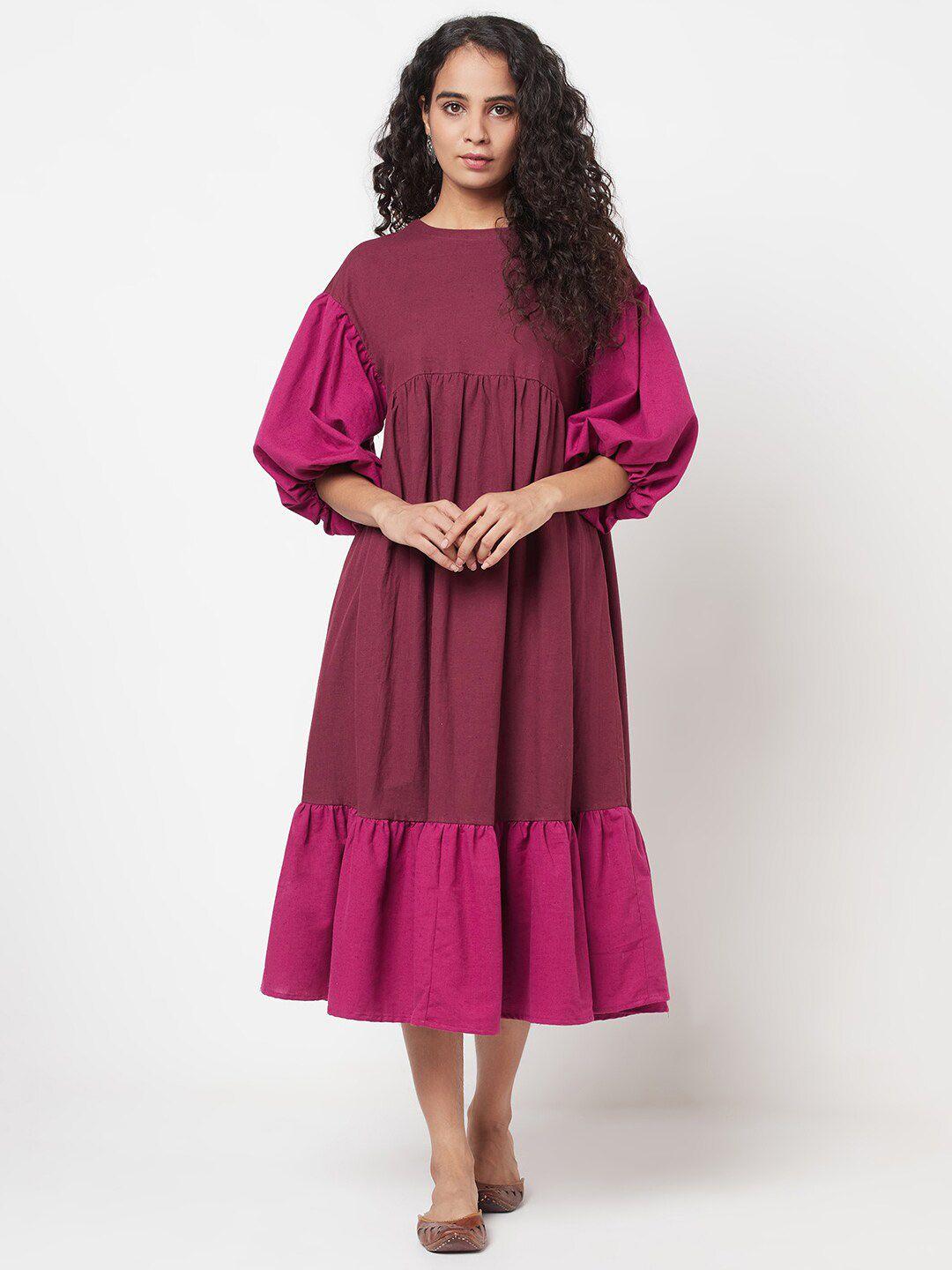 fabindia purple colourblocked a-line midi dress