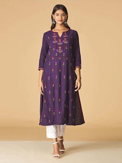 fabindia purple cotton embroidered straight kurta