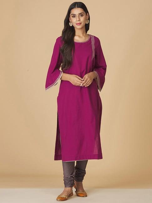 fabindia purple cotton embroidered straight kurta