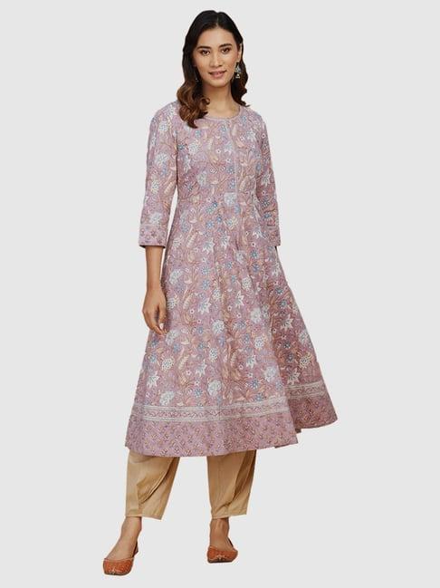 fabindia purple cotton floral print a line kurta