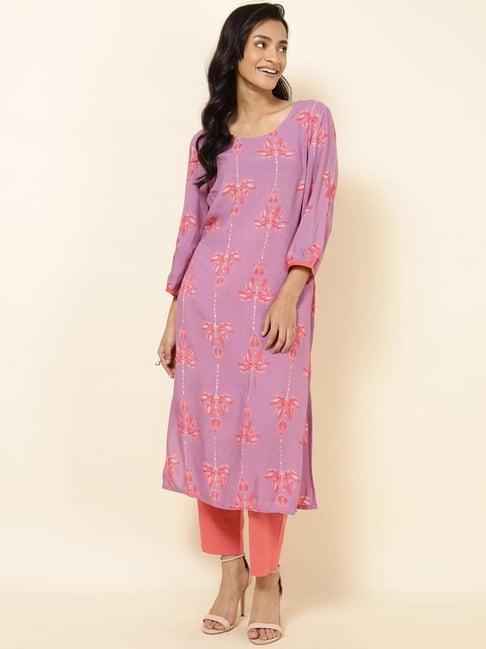 fabindia purple floral print straight kurta