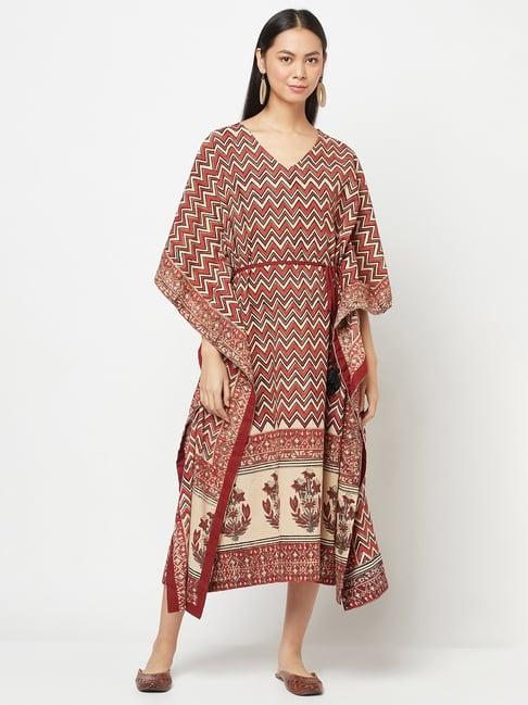 fabindia red & beige cotton printed a-line kaftan