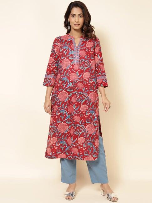 fabindia red & blue cotton floral print kurta pant set