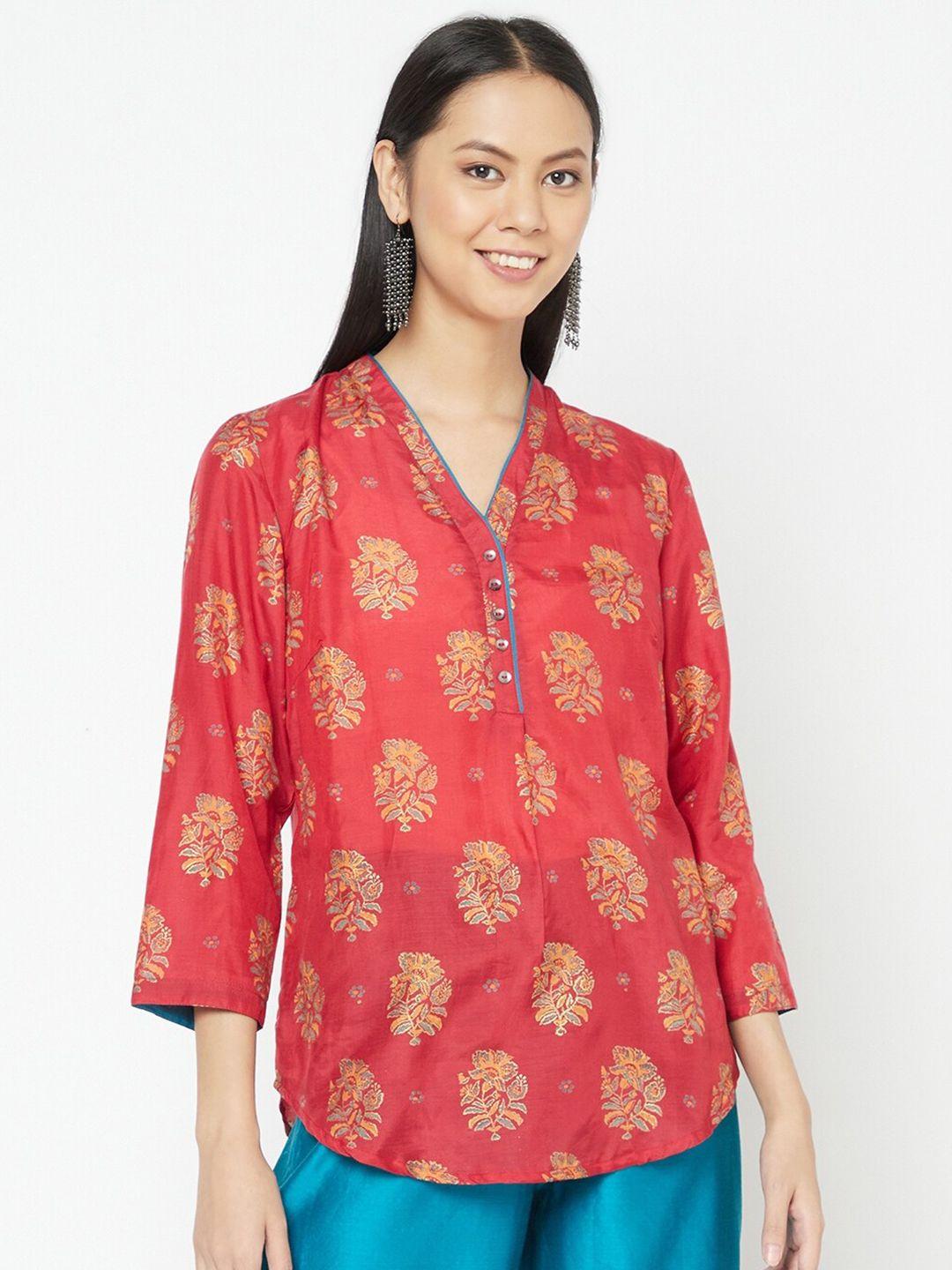 fabindia red & gold-toned ethnic motifs printed top