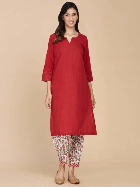 fabindia red & white cotton kurta salwar set