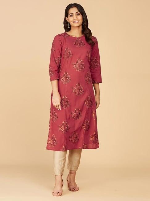 fabindia red cotton floral print straight kurta