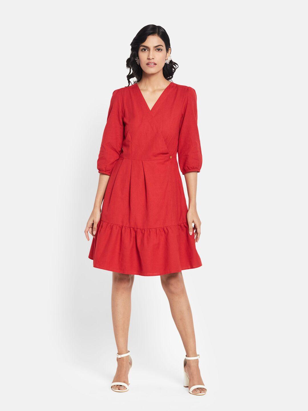 fabindia red cotton linen wrap dress