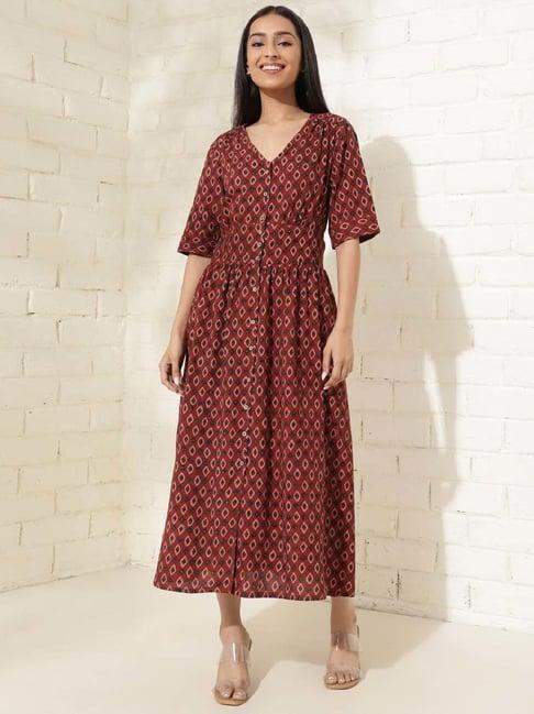 fabindia red cotton printed a-line dress