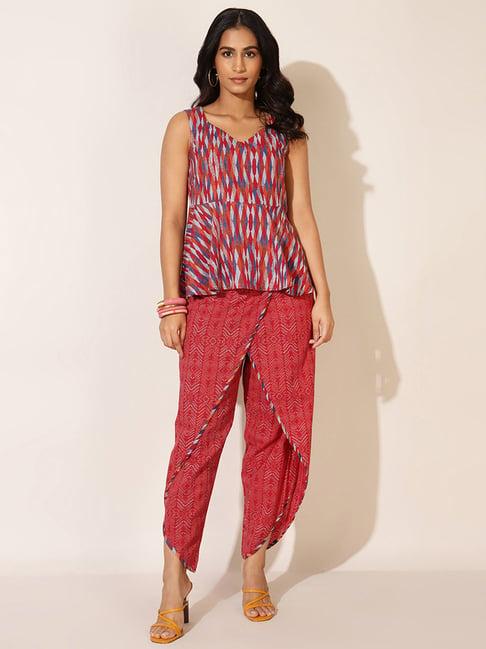 fabindia red cotton printed top dhoti pant set