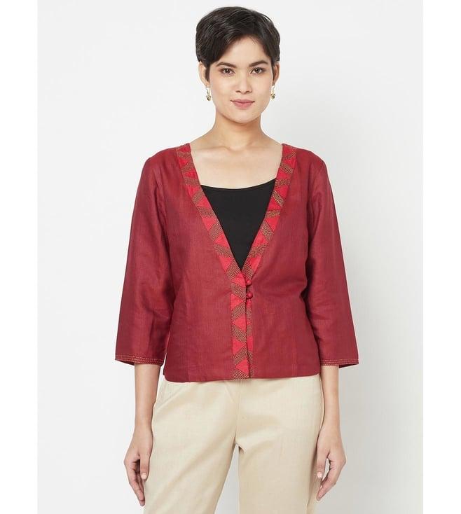 fabindia red viscose tussar embroidered shrug