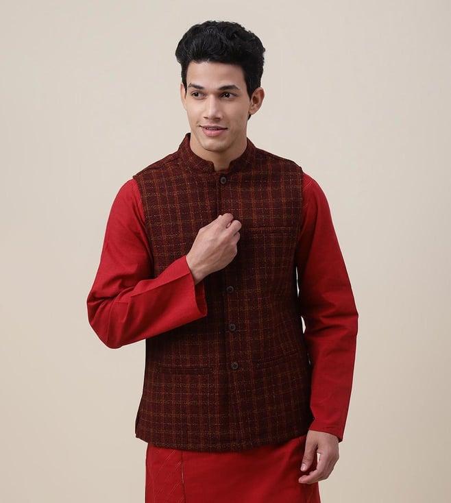 fabindia red wool printed nehru jacket