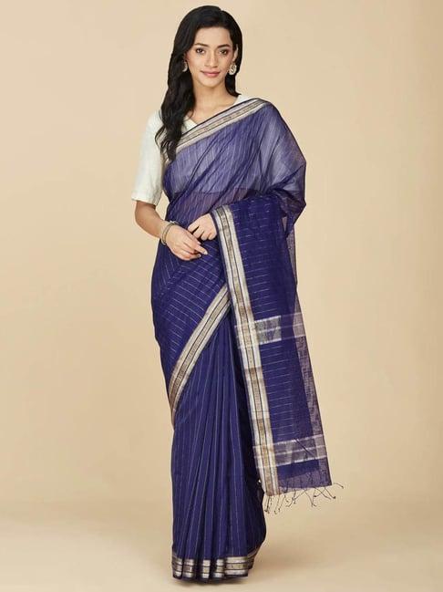 fabindia royal blue cotton silk printed saree without blouse piece