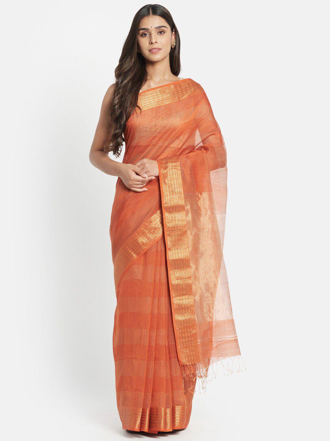 fabindia rust & gold-toned zari silk cotton maheshwari saree