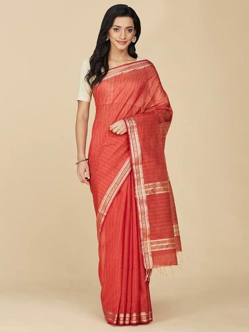 fabindia rust cotton silk printed saree without blouse piece