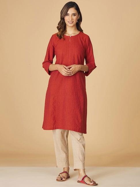 fabindia rust cotton straight kurta