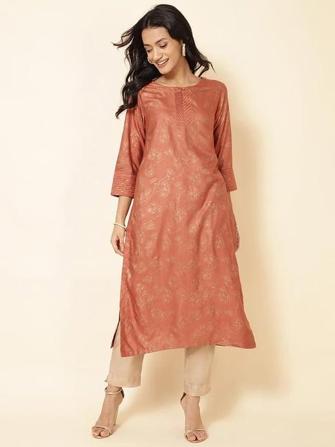 fabindia rust floral print straight kurta