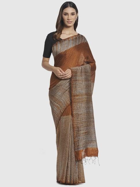 fabindia rust silk striped saree without blouse