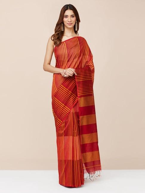 fabindia rust striped saree without blouse