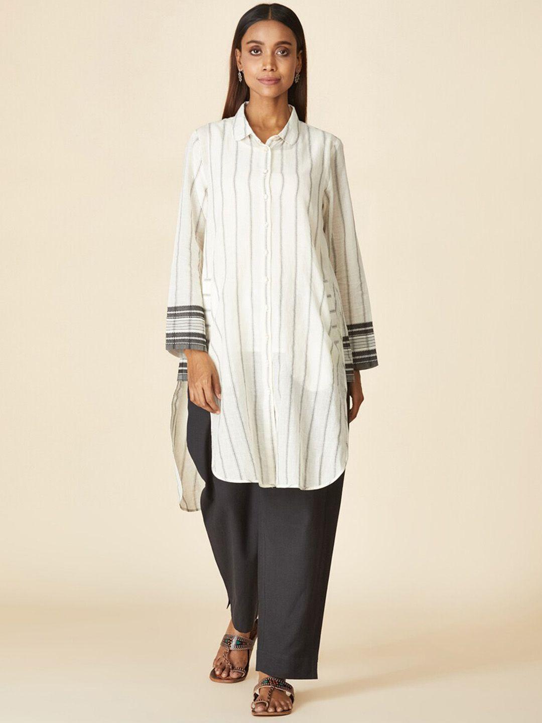 fabindia shirt collar striped pure cotton white romance a-line kurta