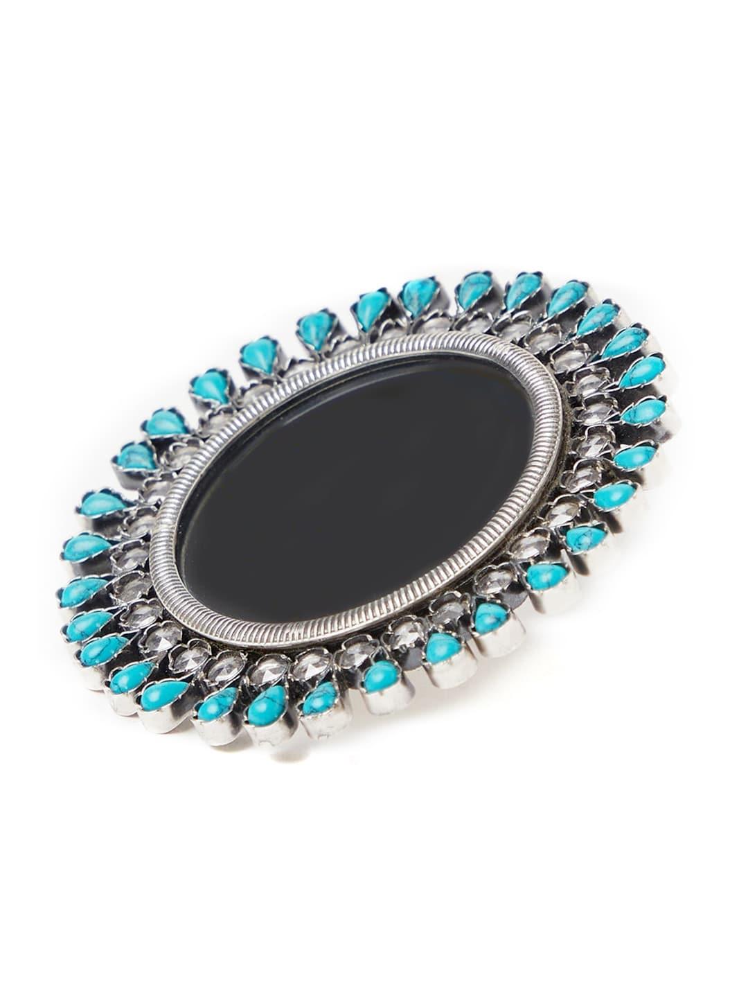 fabindia silver toned & turquoise blue stone-studded statement ring