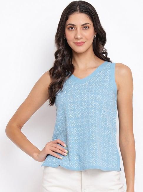 fabindia sky blue cotton embroidered top