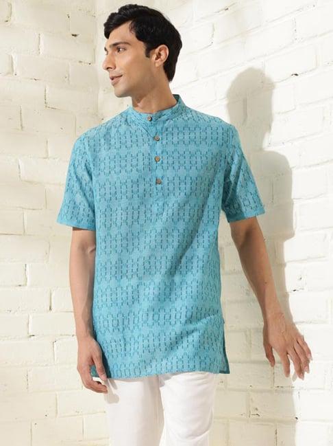 fabindia sky blue regular fit printed short kurta