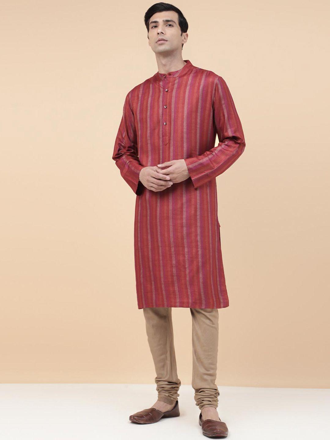 fabindia striped band collar slim fit straight kurta