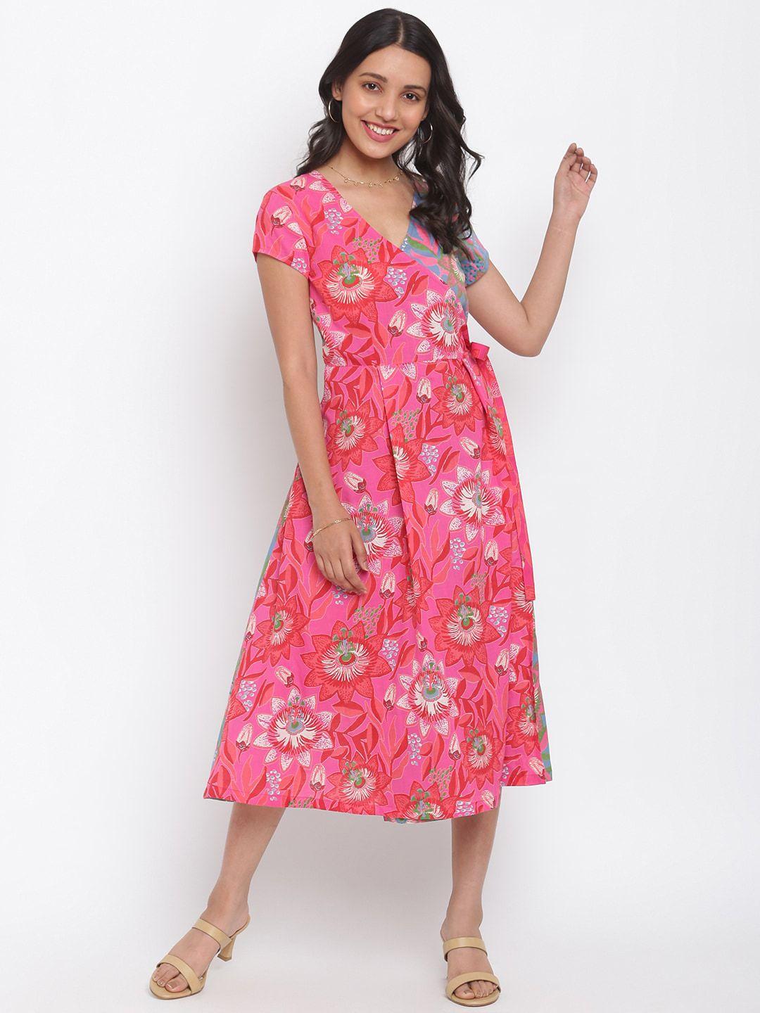 fabindia teal & pink printed floral midi dress