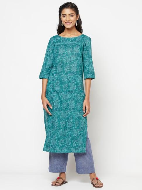 fabindia teal blue & grey cotton printed kurta pant set