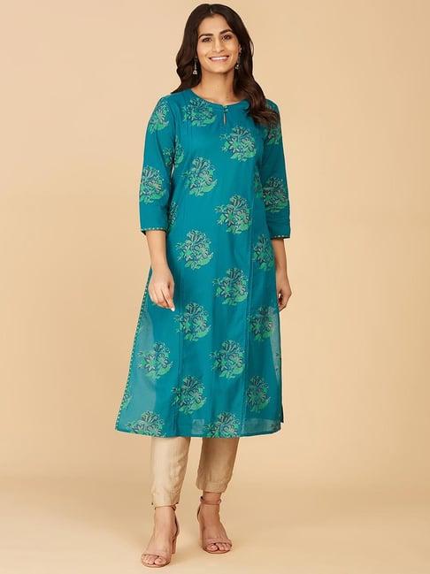 fabindia teal blue cotton floral print straight kurta