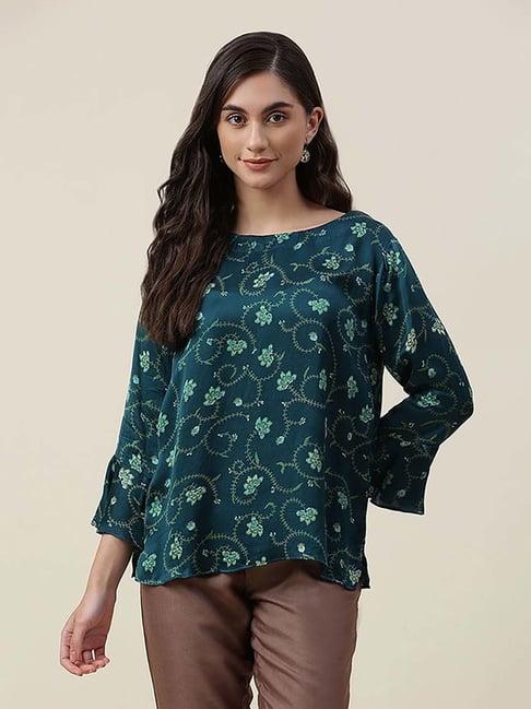 fabindia teal blue floral print top