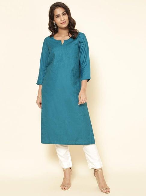 fabindia teal blue printed straight kurta