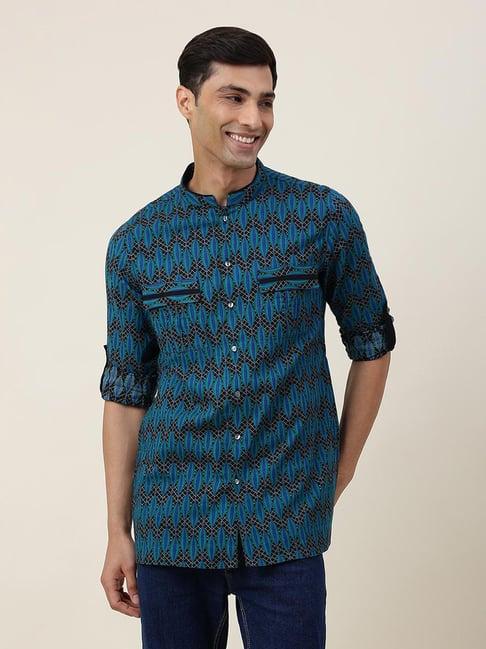 fabindia teal blue slim fit printed short kurta