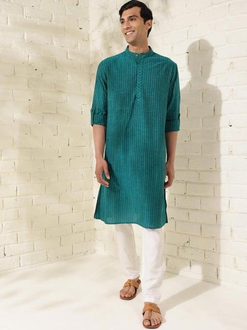 fabindia teal comfort fit striped short kurta