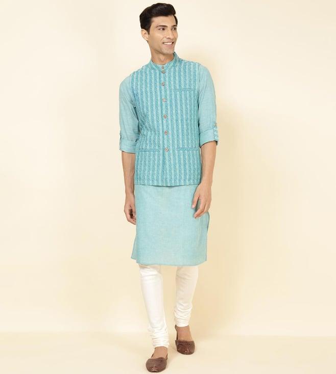 fabindia teal cotton hand block printed slim fit 2 pc kurta with nehru jacket