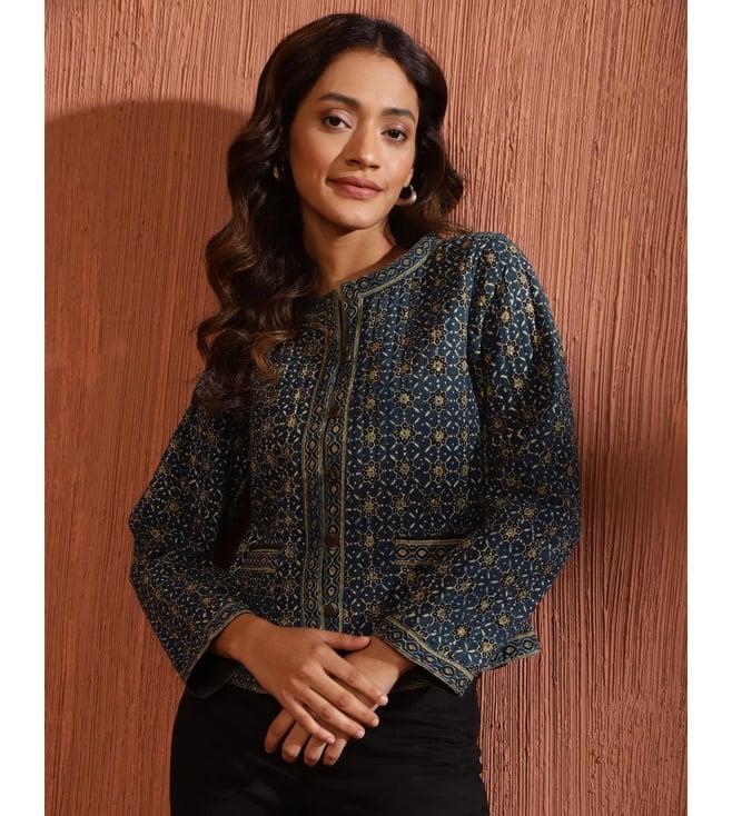 fabindia teal cotton printed jacket