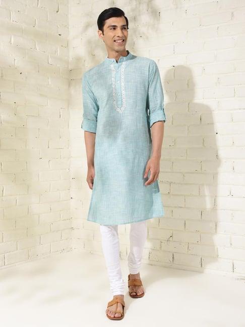 fabindia teal cotton slim fit embroidered kurta