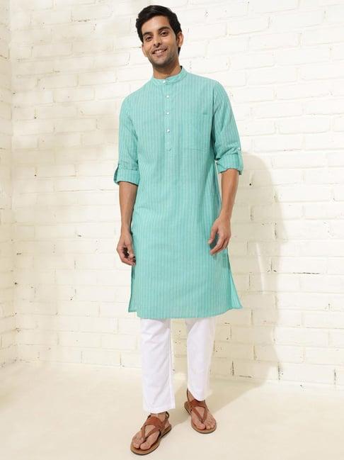 fabindia teal cotton slim fit striped kurta