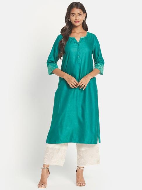 fabindia teal green embroidered straight kurta