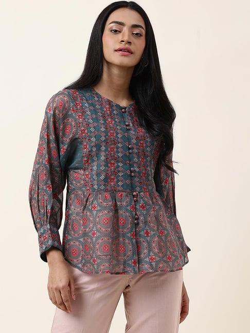 fabindia teal green floral print top